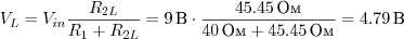 $ V_L = V_<in></noscript>frac<R_<2L>><R_1 + R_<2L>> = 9unit <В>cdot frac<45.45unit<Ом>> <40unit<Ом>+ 45.45unit<Ом>> = 4.79unit <В>$» /></p><p>Однако, у снижения сопротивления делящих резисторов есть обратная сторона медали. Большое количество энергии от источника питания будет уходить в землю. В том числе при отсоединённой нагрузке. Это небольшая проблема, если устройство питается от сети, но — нерациональное расточительство в случае питания от батарейки.</p><div style=